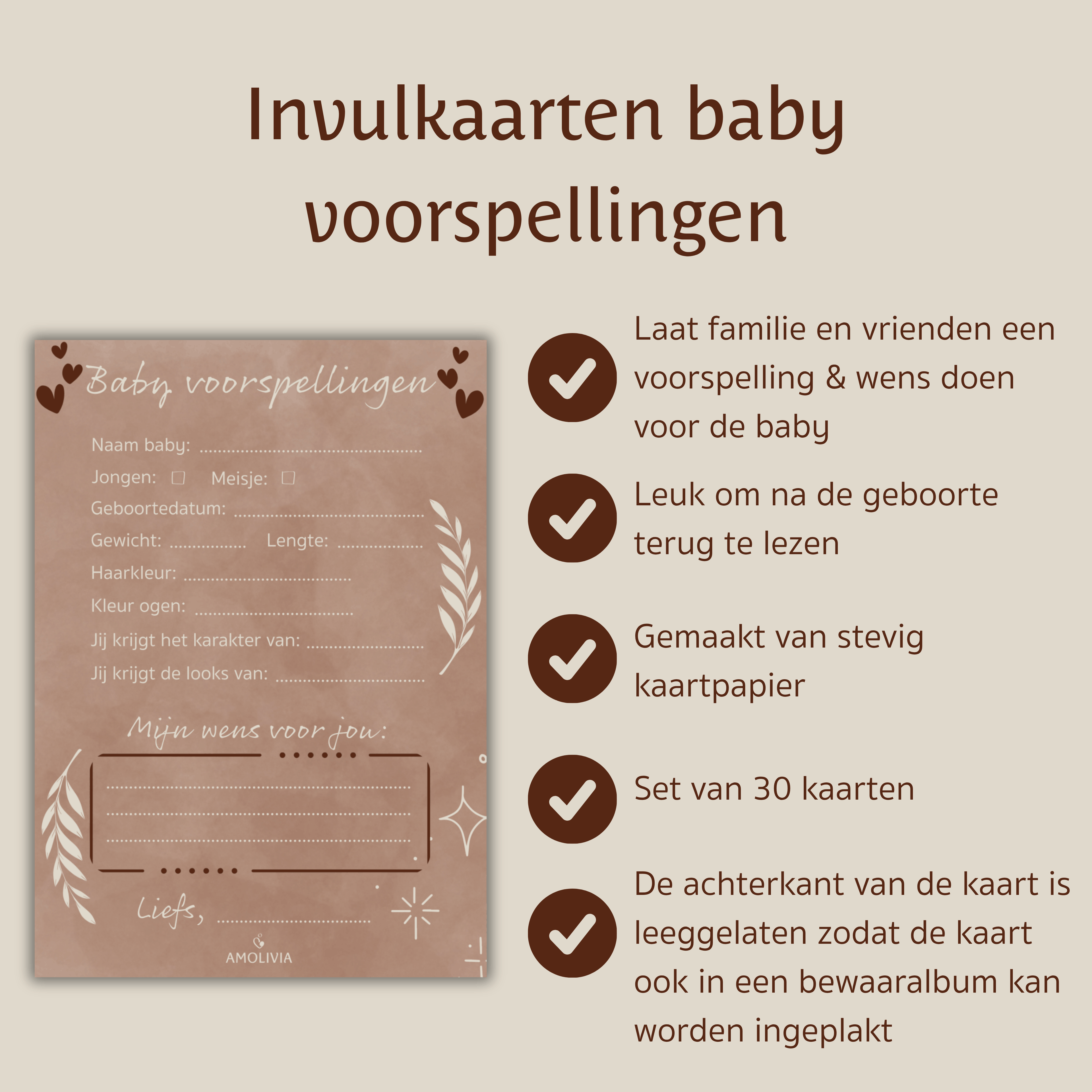 Amolivia Baby Shower Advice Cards - 30 pieces - Brown