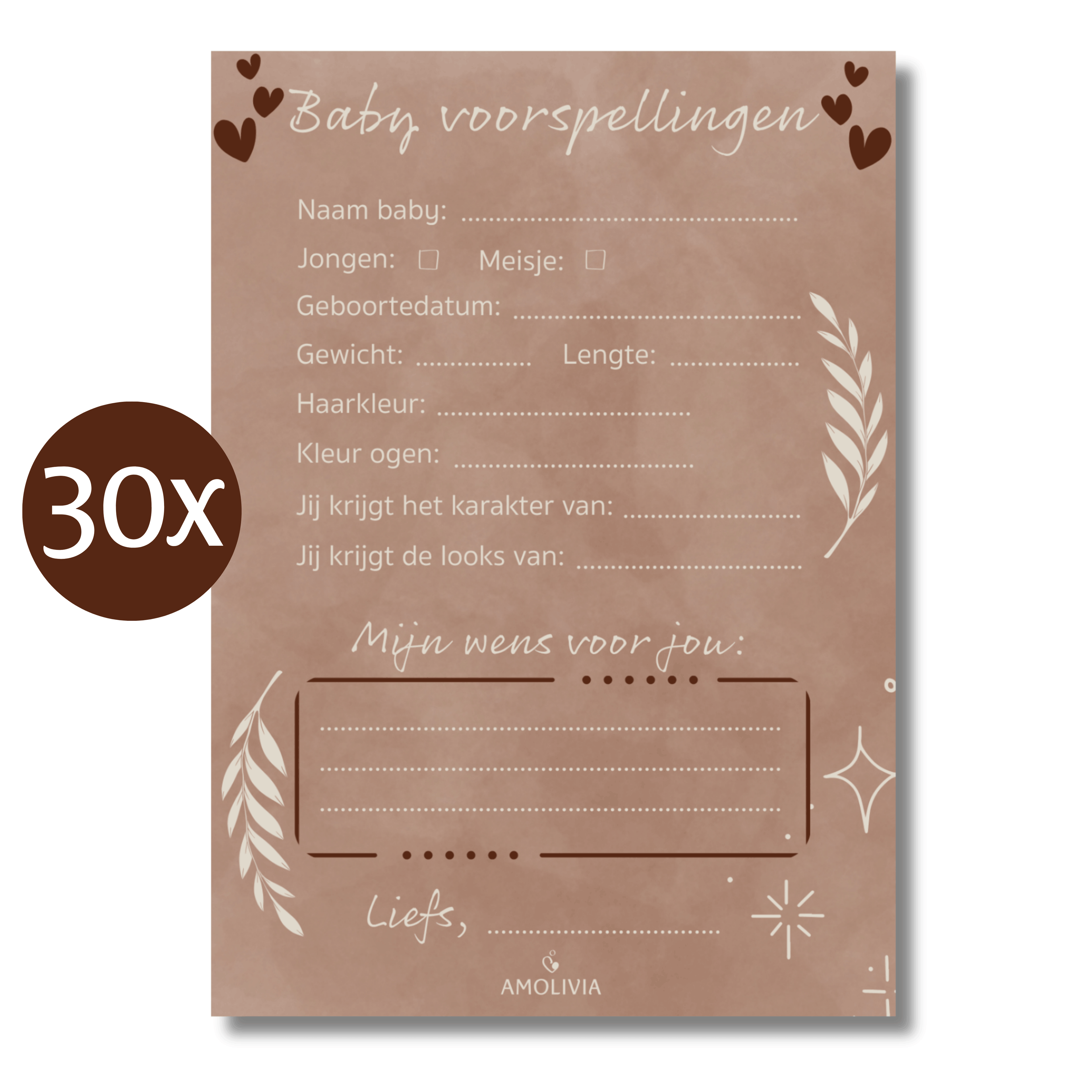 Amolivia Baby Shower Advice Cards - 30 pieces - Brown