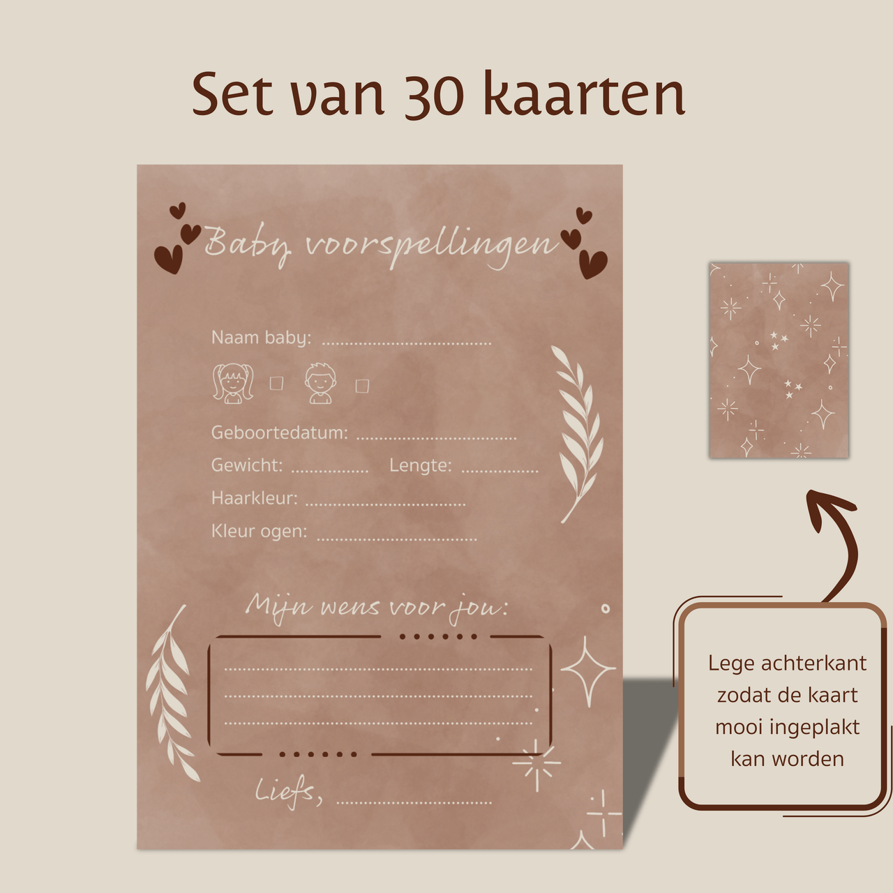Amolivia Babyshower Invulkaarten - 30 stuks - Bruin